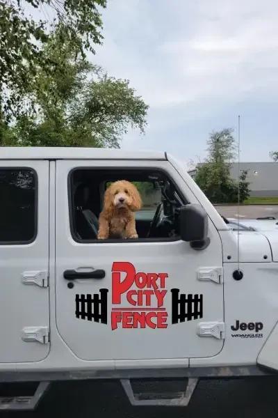 Welcome to Port City Fence — Wilmington, NC Port City Fence Jeep with a friendly dog greeting customers in Wilmington, NC.