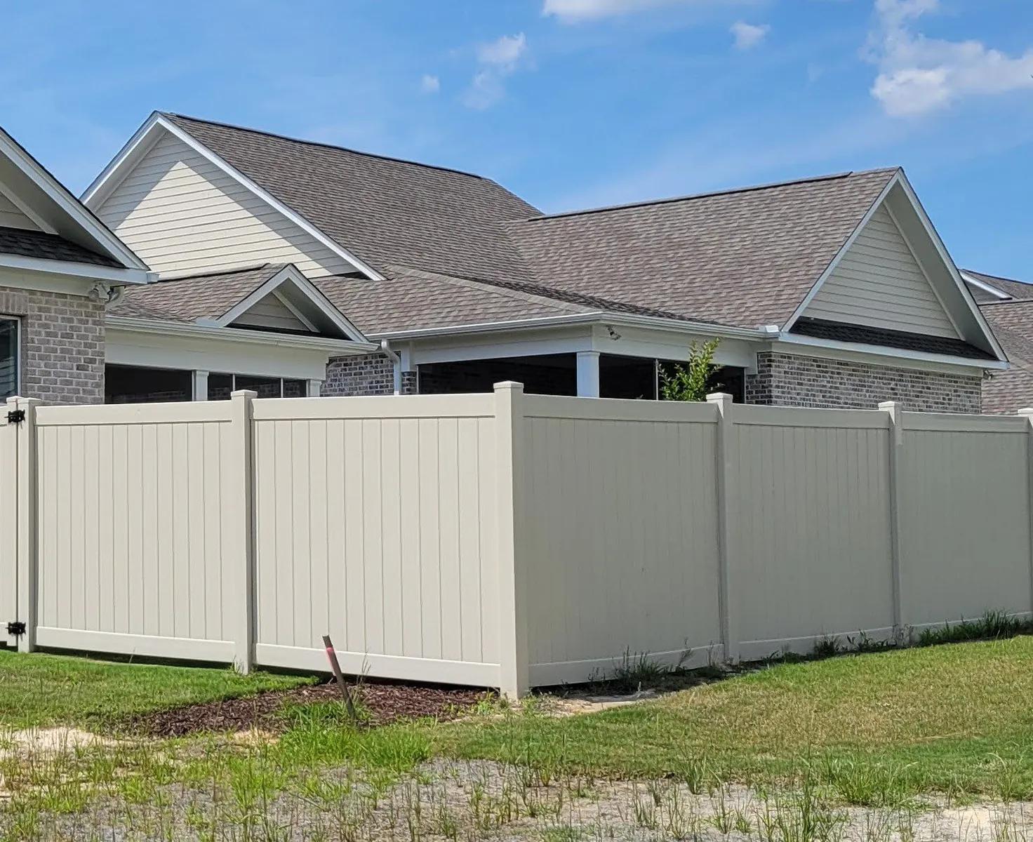 Beige Vinyl Fence Enclosure - vinyl fences fence installation project in Wilmington NC and coastal areas by Port City Fence